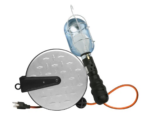 Free Shipping 🛒 Designers Edge E251 Retractable Extension Cord Reel with Metal Incandescent Work Light, 25-Foot, Chrome