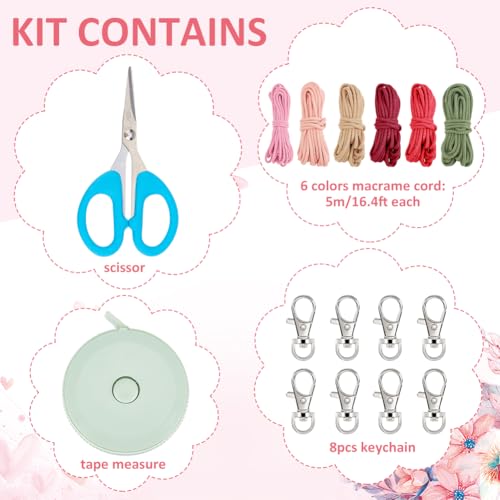 BEUNITONE Kit de 8 peças de macramê flores chaveiros rosa macramê kit de chaveiros rosa cordões de c