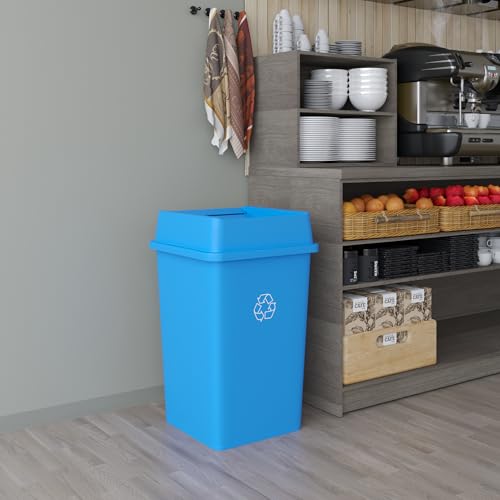 Image of 35 Gallon Blue Square Commercial Trash Garbage Can with Lid | Outdoor Office Restaurant School Kitchen