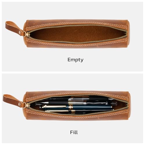 Image of ECHSRT Genuine Leather Pencil Pouch, Classic Cylinder Pen Bag - Brown | Full-Grain Cowhide Leather, Crazy Horse Finish, Single Zipper, Vintage Pen Organizer for Adults