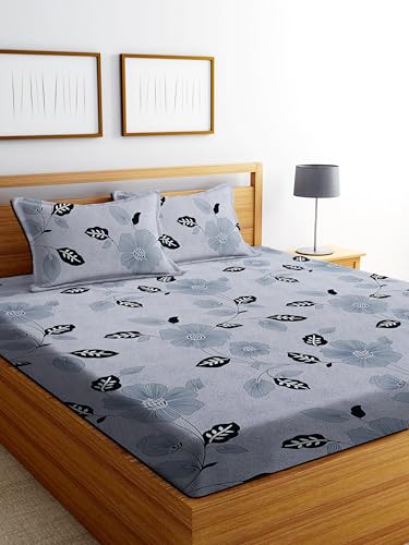 Image of DECORUM Glace Cotton Fitted 1 Bedsheet King Size (72 inchx78 inch) | All Around Elastic | Cotton Feel | 2 Pillow Covers (17 inchx27 inch) | Fits Up to 8 inch Mattress | 200-220 TC | Printed Double Bed Sheet Set