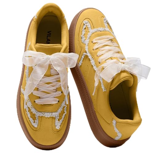 Vilanva Women's Lace Detail Fashion Sneakers Comfortable Casual Dress Sneakers with Retro Gum Sole Walking Trendy Footwear