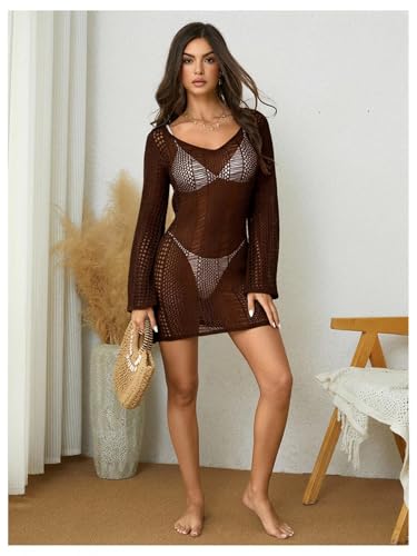 Image of Floerns Women's Crochet Cover Up Long Sleeve Hollow Out Bikini Swimsuit Beach Cover Up Swimwear