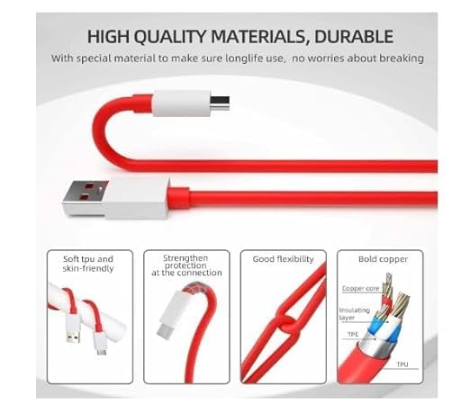 Image of THE BATTERY STORE Original 100W Supervooc Fast USB Type C Cable Compatible With OnePlus,- Next-Level Performance, Unbeatable Speed For Type A To C1 Cable (Apr7),Red