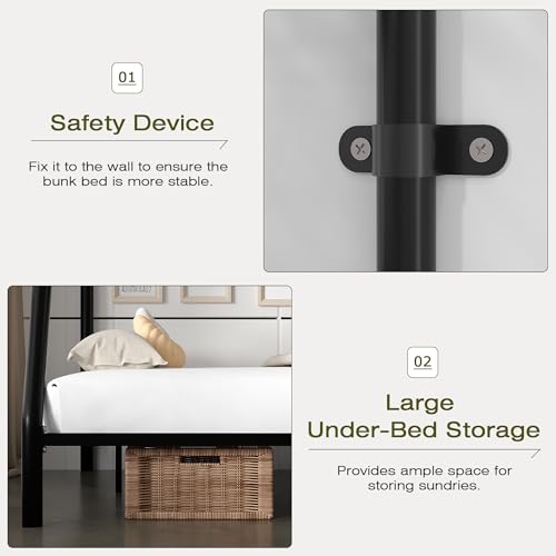 Image of VECELO Bunk Bed Twin Over Full, Metal Bunkbeds with Ladder and Full-Length Guardrail, No Box Spring Needed, Space Saving, Noise Free, Black