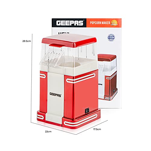 Geepas 1200W Electric Popcorn Maker Machine | Makes Hot, Fresh, Healthy and Fat-Free Theater Style Popcorn Anytime | On/Off Switch, Attractive Design & Oil-Free Popcorn Popper - 2 Years Warranty