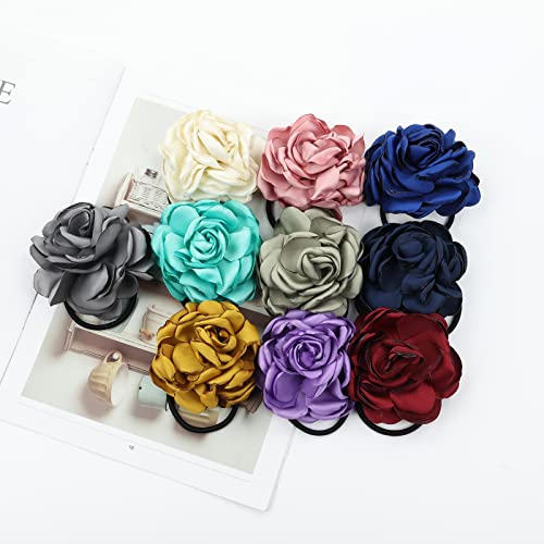 Dizila 10 Pack Rubber Elastics With 4" Handmade Solid Rose Flower Hair Ties Scrunchies Holders Ropes Hair Bands Headbands Accessrories For Women Girls Teens Kids #TOP4