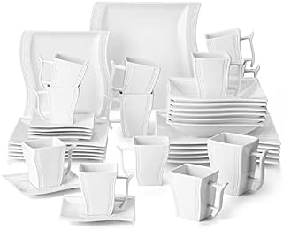 MALACASA, Series Flora, 36 Pieces Tableware Set Wave Shaped Ivory White Porcelain Dinner Set Including 6 x Cups/Saucers/Mugs/Dessert Plates/Soup Plates/Dinner Plates