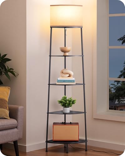 EDISHINE Stehlampe Wohnzimmer, LED Stehleuchte mit Regal und Leinen Lampenschirm, 2700K Warmweiß, 169,5 cm hohe Ecklampe für Schlafzimmer, Büro, inkl. Leuchtmittel, Schwarz