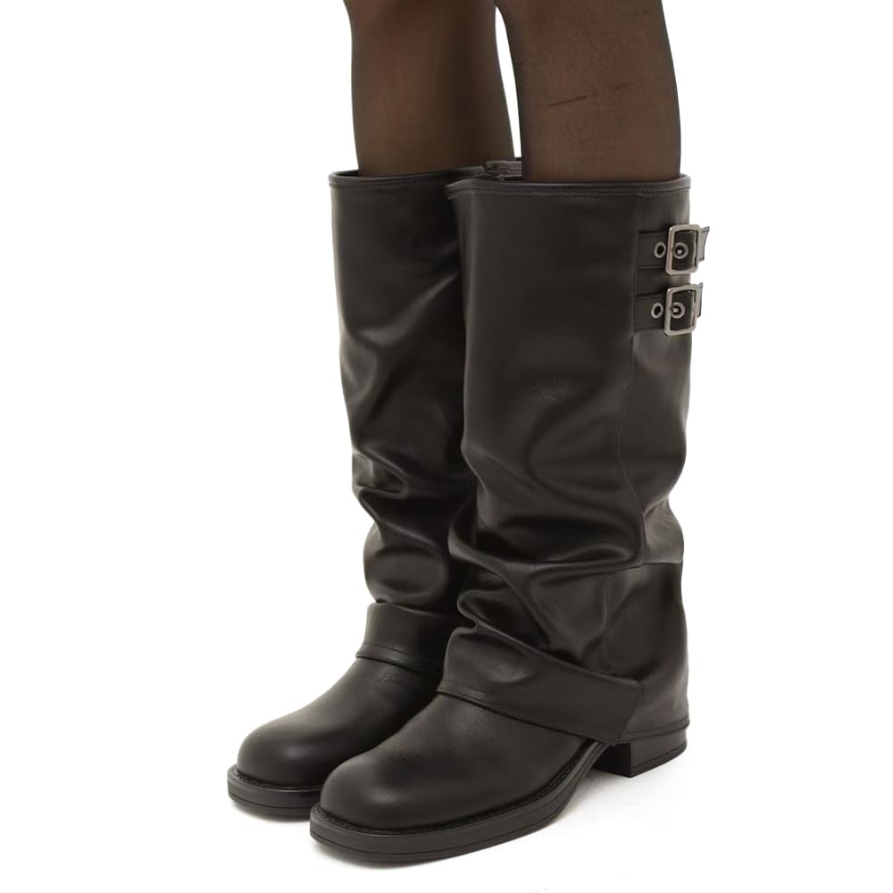IF Stivali al Ginocchio Donna in Ecopelle Nera con Fibbia Laterale Stile Retro Robin, Design Arricciato Tacco Basso Comodo MP730-1