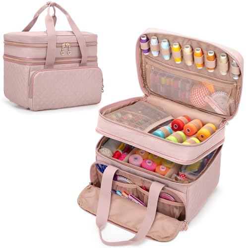 Image of YARWO Double-Layer Sewing Supplies Organizer Bag with 5 Detachable Dividers | Portable Sewing Accessories Storage Case, Multi Pockets for Sewing Kits, Top Handle, Gifts for Sewing Beginner, Dusty Rose