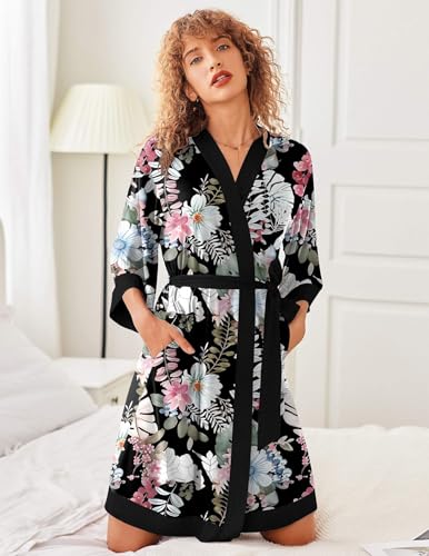 Image of Ekouaer Robes for Women Knee Length Bathrobe Lightweight Kimono Robe 3 /4 Sleeve Knit Sleepwear with Pockets
