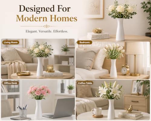Image of White Ceramic Flower Vase for Home Decor, Modern Decorative Vase for Living Room, Bedroom & Office, Minimalist Table Centerpiece for Roses, Tulips, Baby's Breath & Artificial Flowers