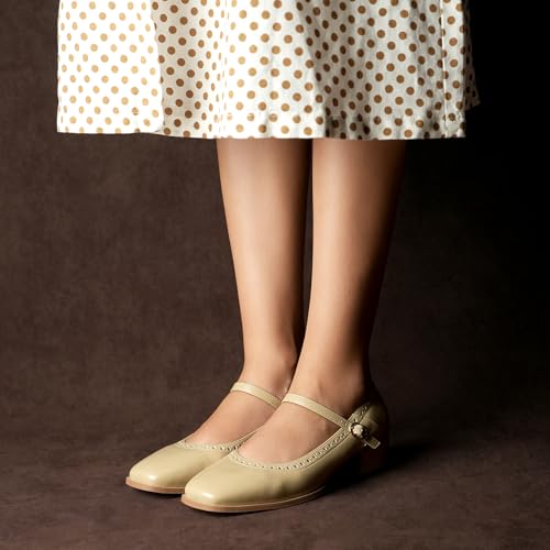 Image of Theater Miss Newton Mary Jane Block Heels with Vintage Textured Detailing for Women | Adjustable Cross-Strap Buckle and Comfort Sole for Office, Formal