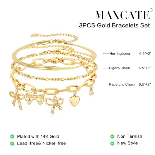 3PCS Charm Gold Bracelets for Women Non Tarnish,14k Plated Gold Bracelet Stack Cute Dainty Stackable Trendy Bow Cross Clover Bracelets Set Tarnish Free Gold Jewelry for Women Gifts4