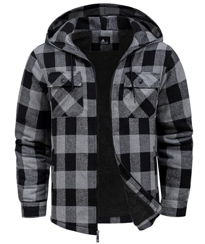 SCODI Mens Flannel Hooded Jacket Sherpa Lined Zip Up Hoodies for Men Plaid Shirt Jackets Warm Thick Fleece Coat with Pocket