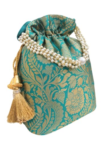 Image of MILAN'S CREATION Banarasi Silk Brocade Potli Bag Purse With Base Drawstring Women's handbag with Pearl Handle & Tassel Weddings