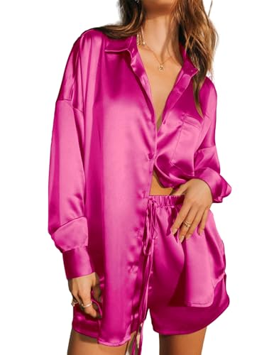 Ekouaer Womens 2 Piece Satin Pajama Set Long Sleeve PJs Sets Button Down Lounge Sets Soft Sleepwear Set