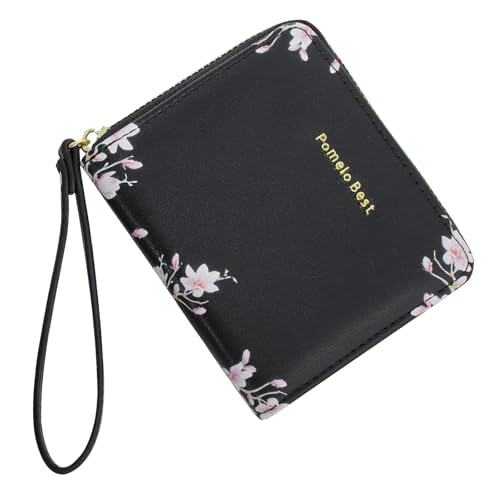 Pomelo Best Geldbörse Damen Kurzformat Blumen Prägung Portemonnaie Damen klein PU Leder mit RFID Blockierung und Münzfach Frauen (Schwarz)