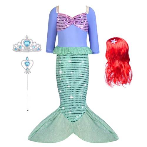 AUYAO Disfraz Sirenita Niña, Vestido Princesa Niña de Sirena con Peluca, Corona y Varita Mágica, Disfraz Vestido Sirenita Niña, Disfraz Halloween Niña para Cosplay Carnaval Fiesta Cumpleaños, 120cm