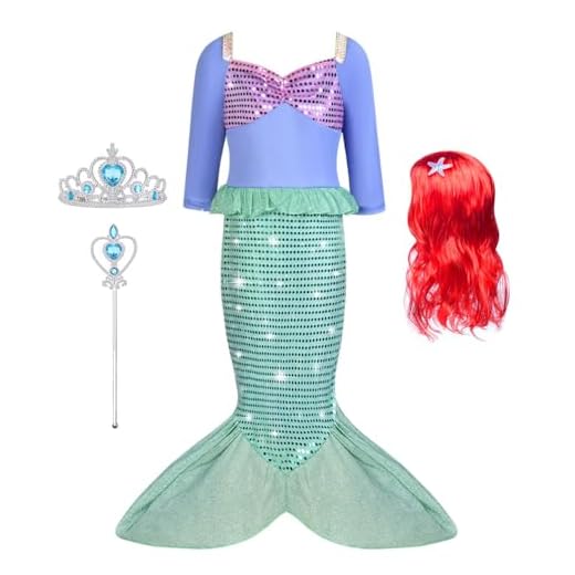 AUYAO Disfraz Sirenita Niña, Vestido Princesa Niña de Sirena con Peluca, Corona y Varita Mágica, Disfraz Vestido Sirenita Niña, Disfraz Halloween Niña para Cosplay Carnaval Fiesta Cumpleaños, 120cm