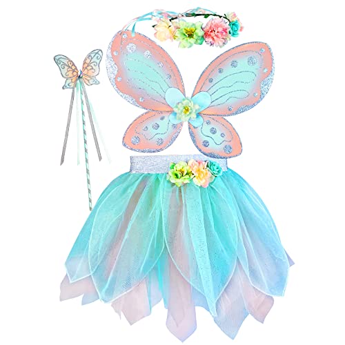 Niños, Toy Conjunto de disfraz de hada con alas de mariposa para niñas, varita, tutú y diadema de halo (verde azulado, 3-5 años)