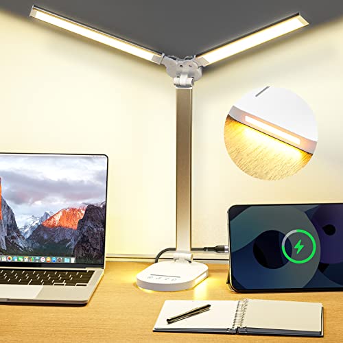 Double Head Desk Lamp For Home Office, Eye-Care Desk Light With Usb Charging Port, Touch Control 5 Color Temperature & Brightness Reading Light With Night Light Mode, 60 Min Timer Desktop Table Lamp #TOP4