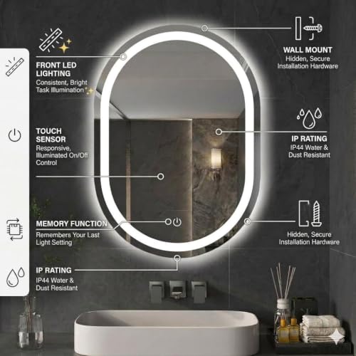 Image of 24 x 18 Inch Capsule LED Bathroom Mirror with Front-Lit Vanity Lights | Memory Function | Touch Sensor | 3 Color Dimmable Adjustable Brightness | Premium LED Lighted Mirror for Wall