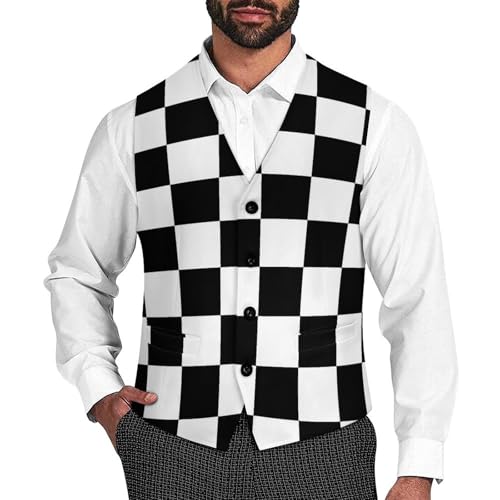 Black White Race Checkered Flag Printed Men's Suit Vest Slim Fit Business Dress Party Pattern Waistcoat Vest Top - Main Image