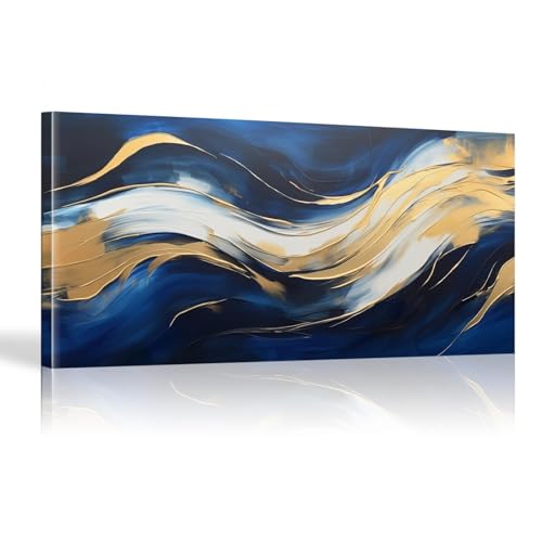 Toile art abstrait or et bleu grand tableau moderne pour décoration chambre