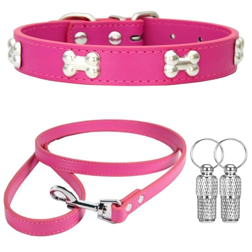 Suiecuor Collare e Guinzaglio Collar Cane Pelle collare per cani taglia piccola Adatto per Cani e Gatti di Piccola Media Rosa scuro XS