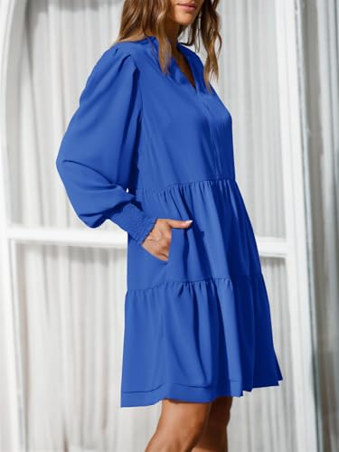 Image of Imily Bela Womens Fall Long Sleeve Tunic Dress Casual V Neck Tiered Dress | Loose,Swing,A-Line,Ruffled Collar,Puff Balloon Sleeve,Smocked Elastic Cuffs,Tiered Layered Ruffle Hem,Babydoll,Loose,Mini
