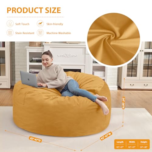 4FT Bean Bag Chair, Large Bean Bag Chairs with Memory Foam Filled, Fluffy Beanbag Sofa with Dutch Velvet Cover, Round BeanBag Chairs for Living Room, Playroom - Mustard