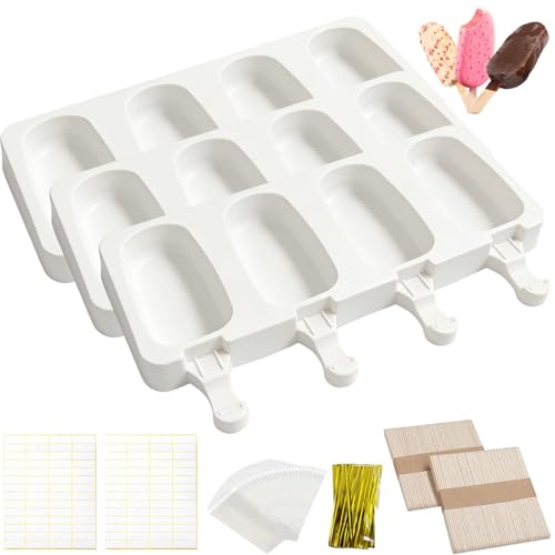 3 Juegos Moldes para palitos de helado, 4 cavidades de molde, Molde Helado Silicona sin BPA, Moldes Paletas, con 100 palitos, 100 bolsas OPP, 100 bridas para cables, 100 pegatinas