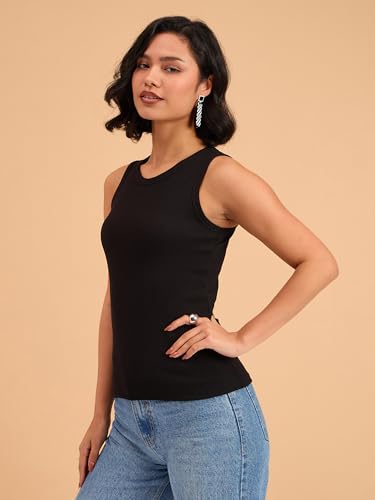 Image of barcino Beige Ribbed Round Neck Tank Top