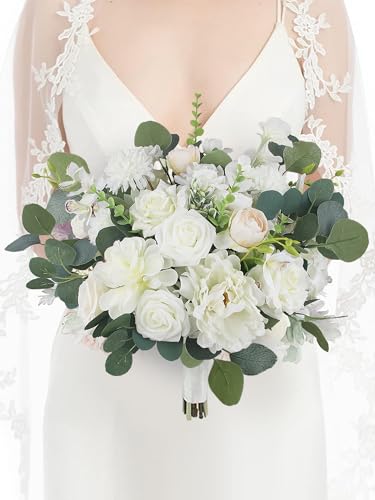Bouquets de mariage blanc et vert sauge Rinlong en fleurs artificielles réalistes
