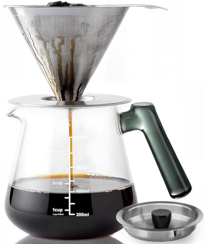 Aquach Pour Over Coffee Maker with Stainless Steel Filter & Borosilicate Glass Carafe - 28oz Drip Coffee Pot for Rich Flavor, Easy Cleanup & Dishwasher Safe Components, Ideal for Daily Use