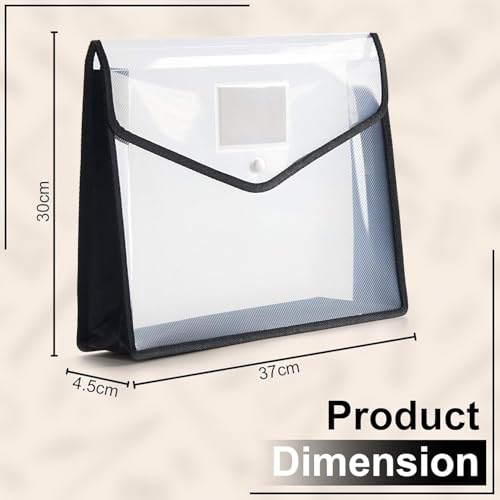 Image of NV Clear Plastic Document Holder Envelope File Folder with Button Closure & Label Window, A4 Size, 37 x 30 x 4.5 cm, Transparent Expanding Document Organizer for Office, School & Home, Pack of 5