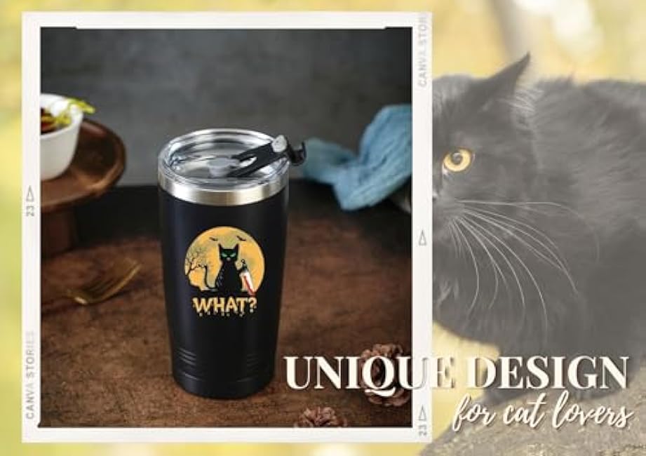 Onebttl Black Cat Gifts for Cat Lovers, Insulated Stainless Steel Tumblers with Lids and Straws, Funny gifts for Cat Mom, Dad on Birthday, Christmas, 20 oz, Black, What