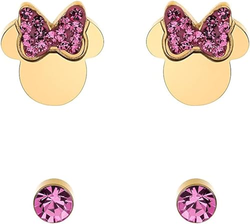 Pendientes Disney Minnie Mouse para niños, acero inoxidable, cristal de circonio, joyería Disney para niñas, talla única, Acero inoxidable, Circonia cúbica