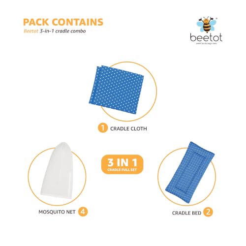 Image of Premium Swing Cradle Set | Hanging Swing Cradle, Removable 5-Layer Padded Bed & Mosquito Net | Up to 15 kg | Dark Blue Dot