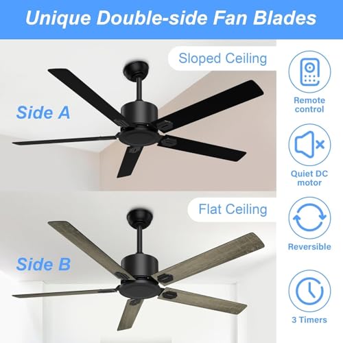 Image of Obabala 52 in Black Ceiling Fan No Light, Outdoor Ceiling Fans with Remote Control without Light, 5 Blades, 6 Speed Reversible DC Motor Modern for Patios, Garage, Bedroom, Porch