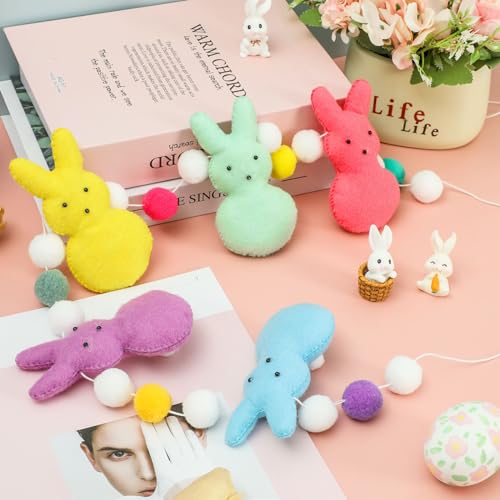 Image of JarThenaAMCS Easter Felt Banner 3D Colorful Bunny Garland Double-Sided Rabbit Pom Ball Bunting Garland for Spring Party Supplies Home Mantel Office Classroom Outdoor Indoor Hanging Decoration