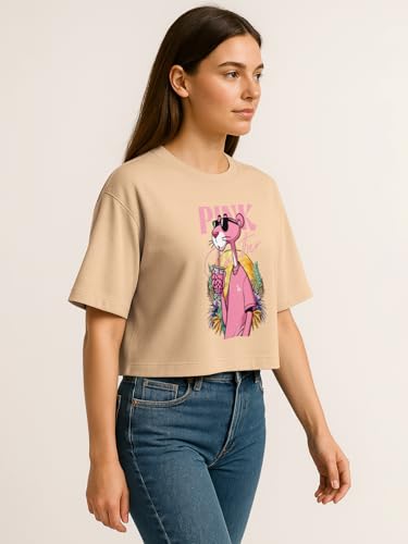 Image of HELLCAT Beige Printed Loose Fit Crew-Neck Crop T-Shirt for Women