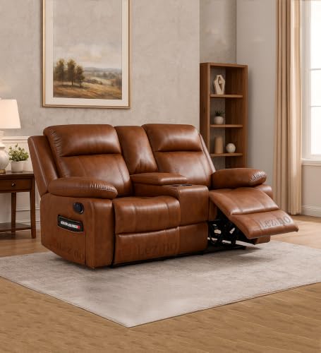 Image of LEZINO Faux-Leather Recliner Chair for Home, Brown (Two Seater Recliner with Console Box, Tan Brown)