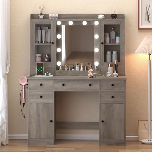 Image of Wodeer Vanity Desk with Mirror and Lights, 43 inch Grey Makeup Vanity Set with 5 Drawers & Glass Cabinets, Makeup Tray, Power Outlet & Adjustable LED Lights, Dressing Table for Women & Girls Bedroom