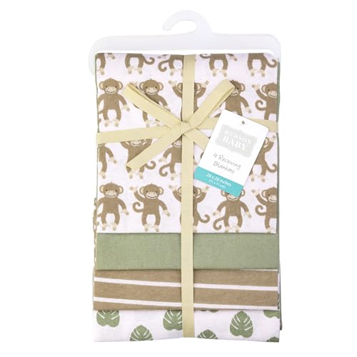 Image of Hudson Baby Infant Boys Cotton Flannel Receiving Blankets 4-Pack, Monkey, One Size