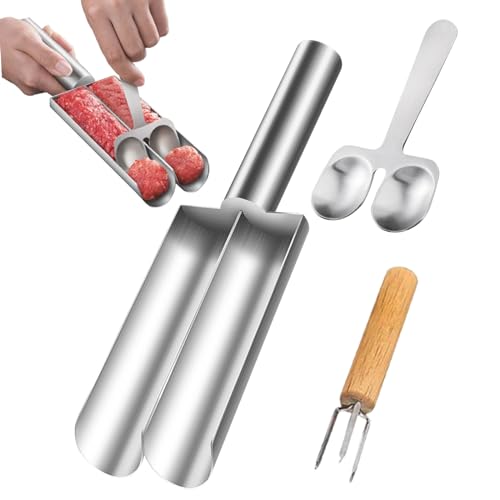 Kitchen Meatball Maker,Stainless Steel Double Tube Shrimp Slider Mold,None-Stick Two Meat Baller Spoon with Cutting Spade,Creative Meatball Spoon Cooking Set for Cookie Dough Pastries,1 Meatball Fork