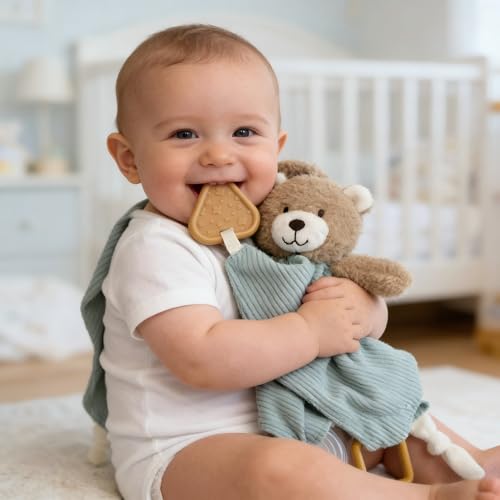 Image of CREVENT 3-in-1 Baby Lovey Blanket with Teether & Rattle | Plush Chewable Animal Head Security Blanket, Birthday Gift - Blue Bear