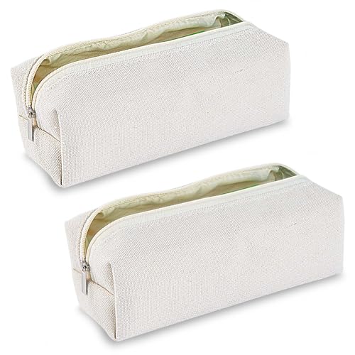 Image of SenseYo 2 Pack Cute Pencil Case Bag with Smooth Zipper Small Canvas Pen Pouch Storage Organizer for Stationery Cosmetics Electronics Classroom Office Travel (Beige)